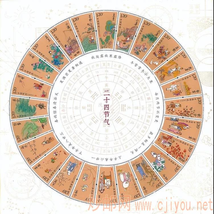 邮票中心的圆中将太极,地支,黄道度数与二十四节气的对应关系进行了